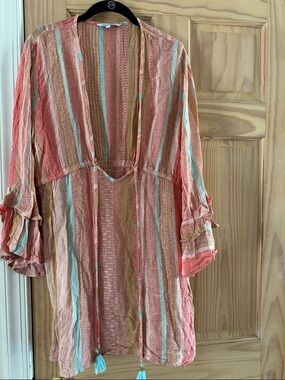 blue island Striped Pink Coral and Aqua Swim Coverup